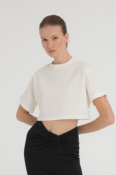 SHEISMONO Tricou cu mânecă scurtă cu textura crop ecru