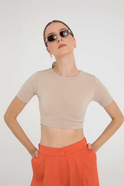 SHEISMONO Crop Top cu mânecă scurtă cu gât rotund la atingere moale, bej
