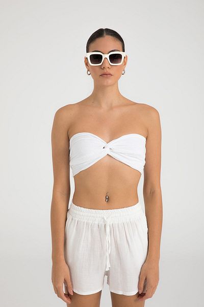 SHEISMONO Λευκή μουσελίνα Crop Top - Λεπτομερής κόμπος