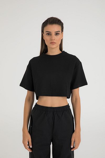 SHEISMONO Tricou negru cu mânecă scurtă cu textura crop