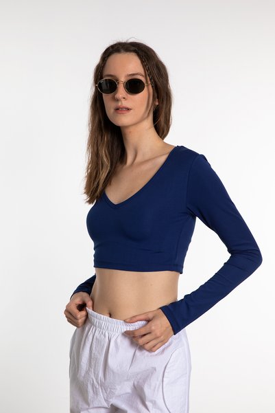 SHEISMONO Soft Touch V-Neck Short Blouse Navy Blue