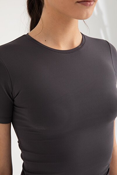 SHEISMONO Soft Touch Round Neck Short Sleeve Blouse Smoked