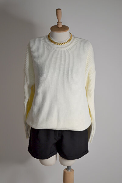 deslorsque Kadın Beyaz Bisiklet Yaka Kalın Örme Kazak Sweatshirt