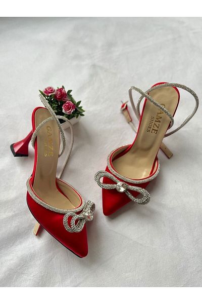 Gamze Shoes Red Color Satin Ankle Tie Bow with Stones