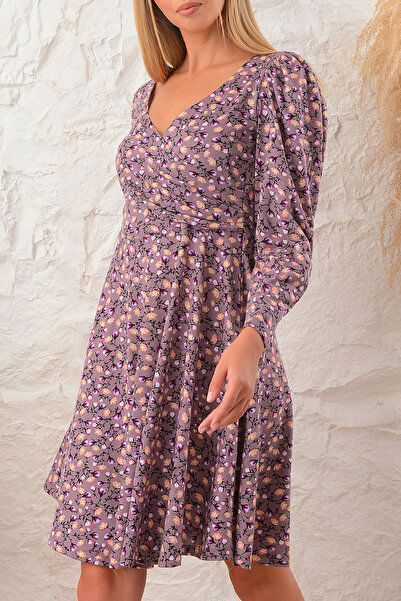 Avones Γυναικείο φλοράλ πλαϊνό πλισέ φόρεμα καφέ