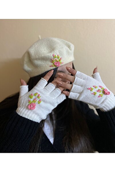 sema aksesuar Handmade Ecru Pearl Floral Embroidered French Painter Beret and Cut Fingers Gloves Set - Gift