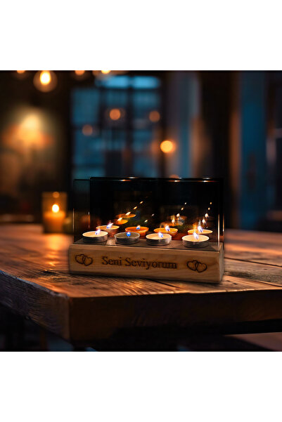 BCDHOME Aynalı Ahşap Sonsuzluk Mumluğu (yazı bölümü isteğe bağlı değiştirileb...