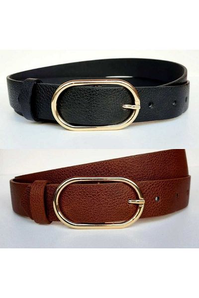 Kemerix Women's Black-Tan Gold Buckle Belt Set of 2