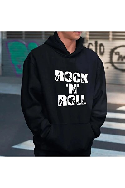 Le Savu Rock 'n' Roll cu imprimeu Culoare neagră cu glugă supradimensionat Sw...