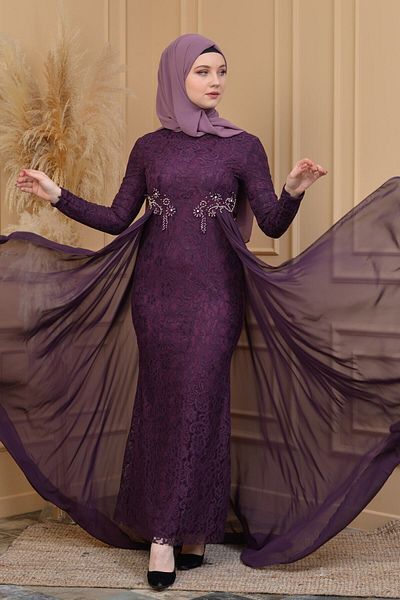 poplinmoda Lace Purple Hijab Evening Dress 9105purple