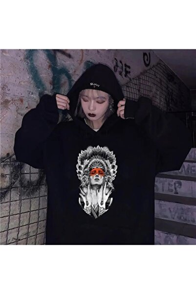 Le Savu με κουκούλα Κορίτσι με κορώνα με τύπωμα Μαύρο χρώμα oversized Φούτερ