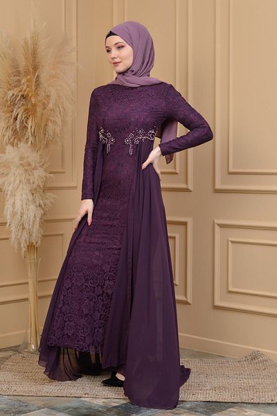 poplinmoda Lace Purple Hijab Evening Dress 9105purple