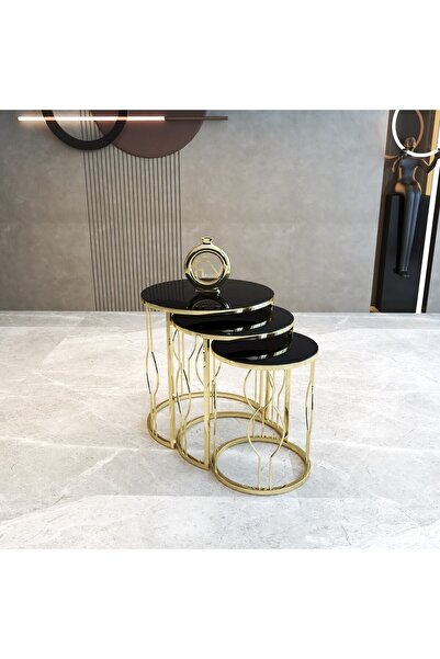 Lion Lioon Art Ovaltelli Gold Metal Ayaklı Temperli Cam 3'lü Zigon Sehpa