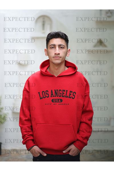 EXPECTED Unisex Oversize Los Angeles USA Printed 3 Thread Hooded Sweatshirt Hoodie
