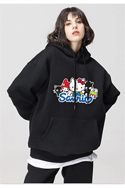 Le Savu cu glugă Hello Kitty Sanrio cu imprimeu Swea de culoare neagră tricou