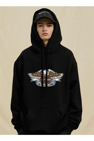 Le Savu με κουκούλα Hd Motocycle με τύπωμα Μαύρο Χρώμα oversized Φούτερ