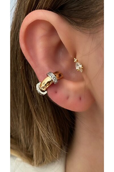 Pinery Jewels Yuvarlak Çizgili Taşlı Pirinç Üzeri Kaplama Kadın Kıkırdak Küpe