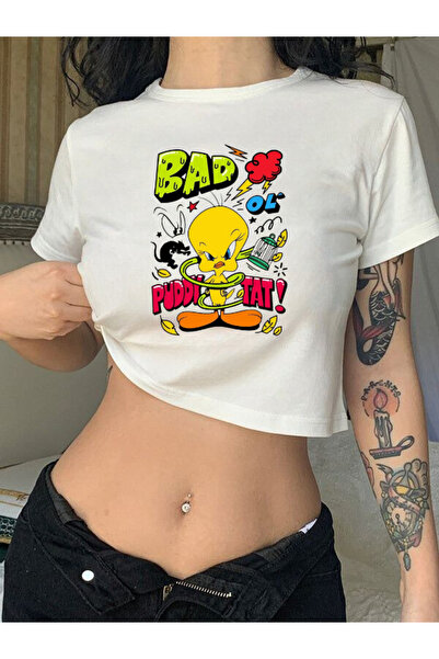 Violon Y2K Streetwear Twitty Yellow Chick με εμπριμέ κοντό μανίκι λευκό κορμάκι