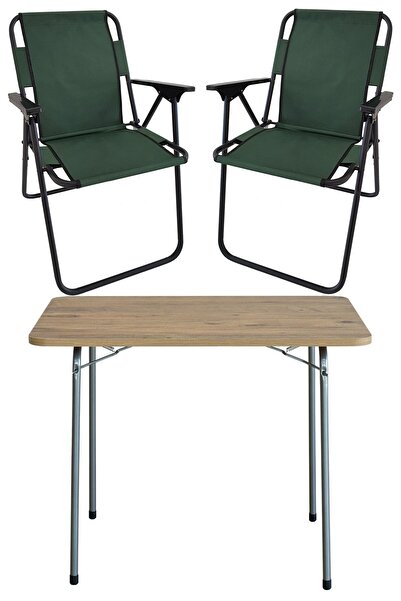 Bofigo 60x80 Çam Desenli Katlanır Masa + 2 Adet Katlanır Sandalye Kamp Seti Bahçe Takımı Yeşil