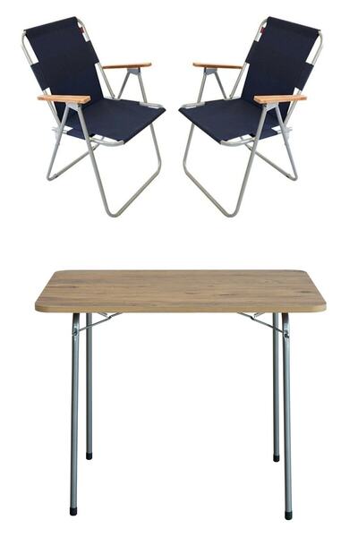 Bofigo 60x80 Çam Katlanır Masa + 2 Adet Katlanır Sandalye Kamp Seti Bahçe Balkon Takımı Lacivert