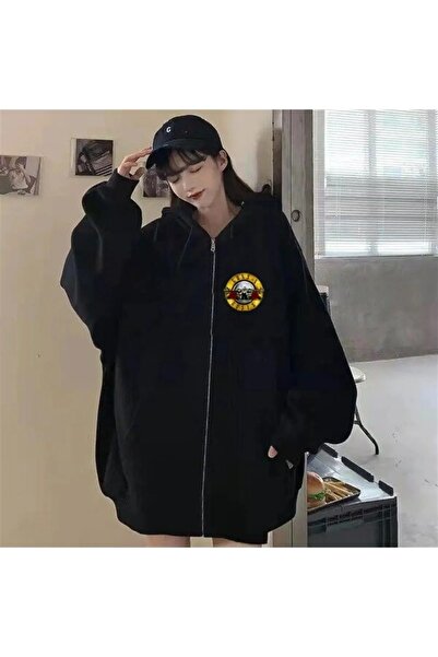 Le Savu cu glugă Fermoar Guns N' Roses cu imprimeu Culoare neagră Swea tricou