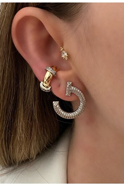 Pinery Jewels Yuvarlak Çizgili Taşlı Pirinç Üzeri Kaplama Kadın Kıkırdak Küpe