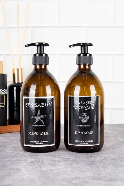 DNS HOME Σετ 2 Amber Glass Black Label Υγρό Σαπούνι και Απορρυπαντικό Πιάτων Σετ Διανομέα Σαπουνιού Organizer