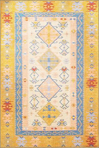Rugs Modern Halı Sarı Mavi Temalı Geleneksel Motif Desenli Vintage Dekoratif ...