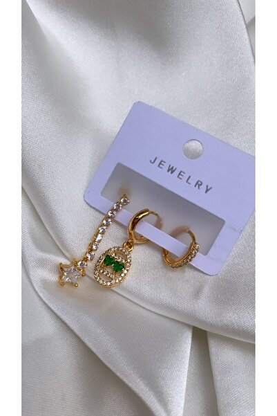 Accessories 3lü Set Su Yolu Zirkon Taşlı Gold Renk Küpe