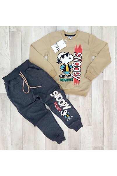 Lunays Snoopy Printed Men's 2-Piece Set with Pockets Beige Color