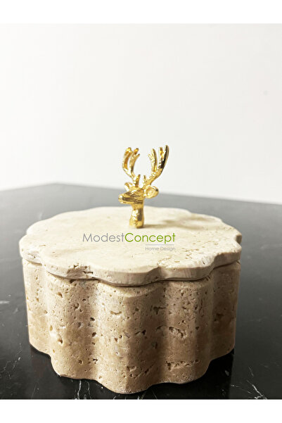 Modestmar Doğal Traverten Mermer Kase, Gold Geyik Aksesuarlı Kapaklı Mermer Kase, Dekoratif Kase, Takılık