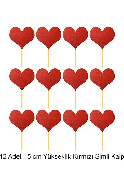 Atölye7Tasarım 12 Pieces Red Glitter Heart Cupcake Cake Top Decoration with Toothpick Thick Paper Valentine's Day