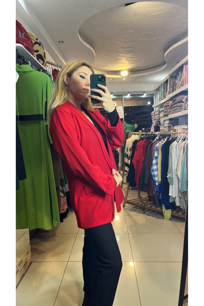 Çeşme Home Kadın Şal Yaka Uzun Kırmızı Blazer Ceket