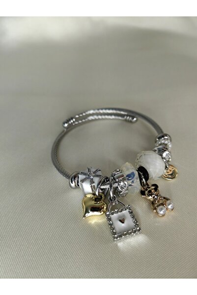 ARYA DESİGN هدية عيد الحب سوار من الفولاذ مع سحر الدب والقلب