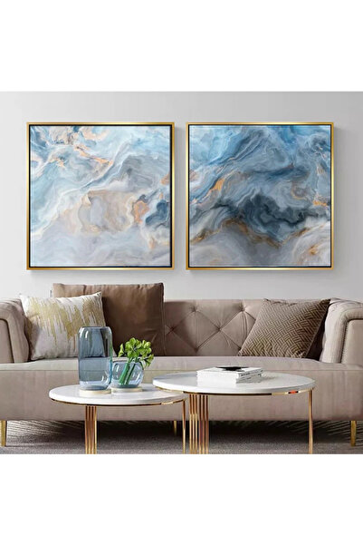 Markazip Mavi Fırça Desenleri Altın Metal Çerçeveli 70x70cm Ikili Kanvas Tablo H34-k