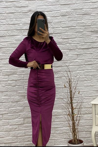 NY MODA Rochie de damă din catifea adunată cu lungime midi, cu design cu centură, rochie de seară elegantă, rochie de seară Ny 002