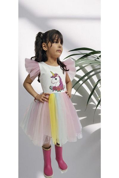 HEPSİMİNNAK Girl's Unicorn Printed Dress Birthday Party Costume Rainbow Tutu Dress