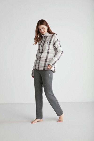 U.S. Polo Assn. Set de pijamale din 2 piese pentru femei, din bumbac, gri și alb, în carouri, cu fermoar, cu picioare drepte