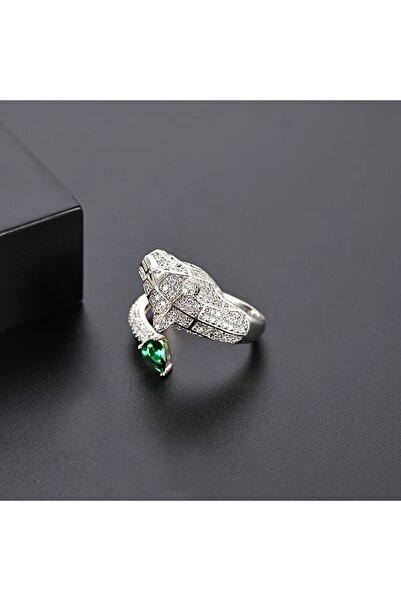 neslyaccessories Silver Renk Beyaz Altın Kaplama Zümrüt Taş Detaylı Kaplan Yüzük