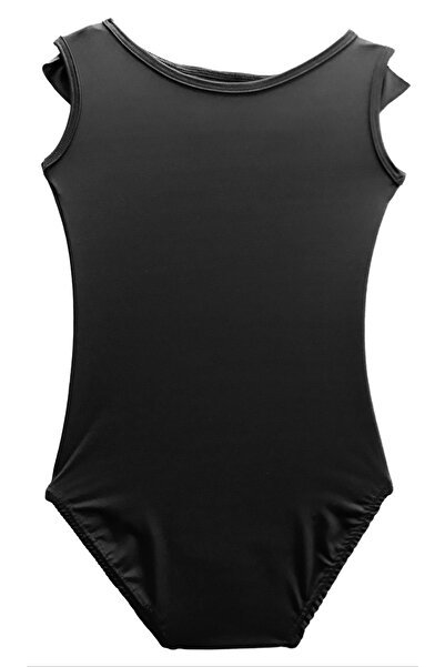 LULLY KİDS Kız Çocuk Siyah Jimnastik Bale Kolsuz Fırfırlı Kayık Yaka Mayosu