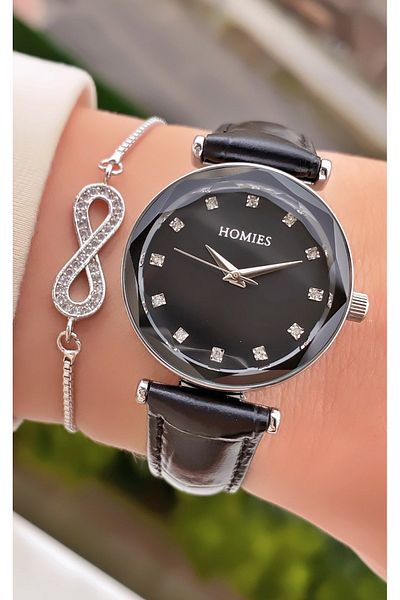 Homies Brand Black Silver Color New Season Leather Cord Waterproof Women's Wristwatch - Bracelet