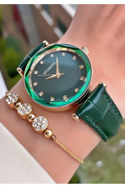 Homies Brand Green Color New Season Leather Cord Waterproof Women's Wristwatch - Bracelet