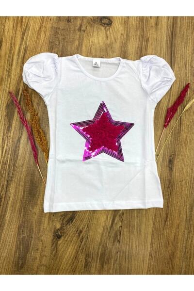 Nacar 23 Nisan Kız Çocuk Beyaz Yıldız Nakışlı Pullu T-shirt 0-24