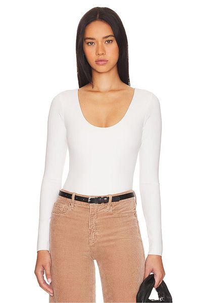 ZACCANA Women's White Long Sleeve U Neck Double Layer Silk Jersey Bodysuit