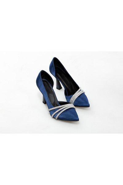 Modavien Women's Stoned Navy Blue Satin 9 Cm Evening Dress Shoes 350