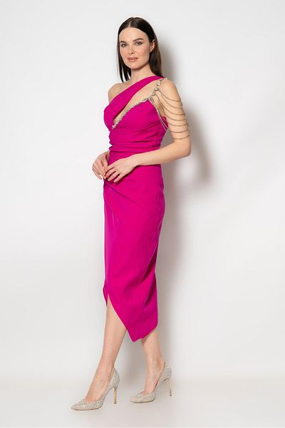 RENGIN Chest-cut one-shoulder crepe evening dress with accessories