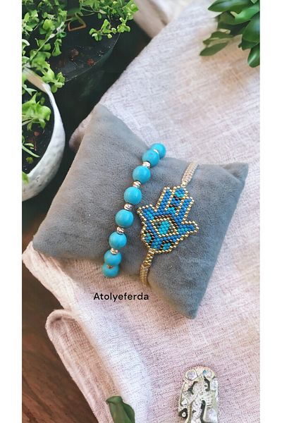 Atolye Ferda Turquoise Stone Bracelet and Turquoise Color Miyuki Hamsa Bracelet Set