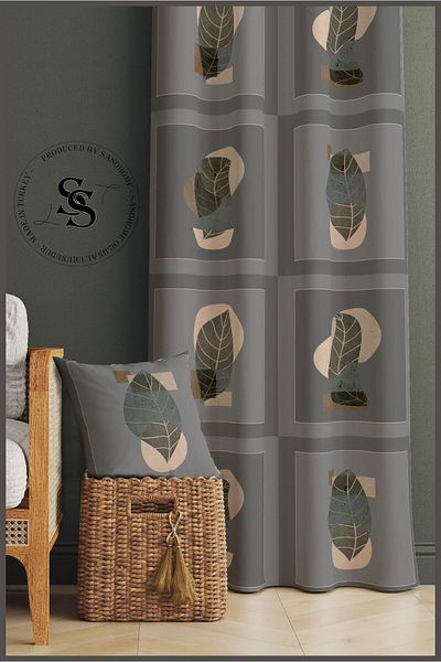 SasoHome Surreal Leaf Patterns on Gray Background Velvet 140 X 270 Cm Quality - Digital Printed Background Curtain