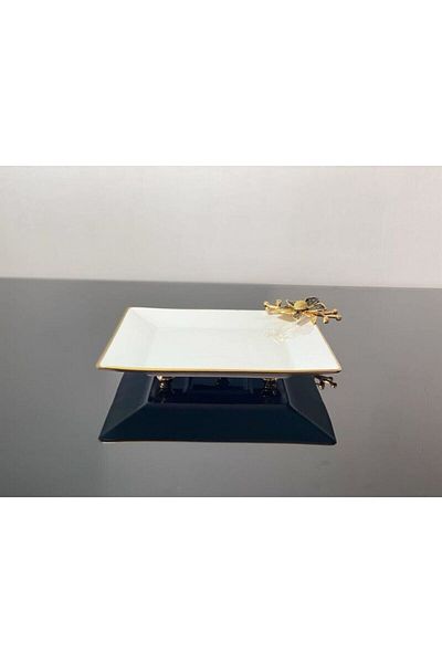 atabey home Porcelain Small Footed Square Presentation Bowl 25 CM Daisy Black