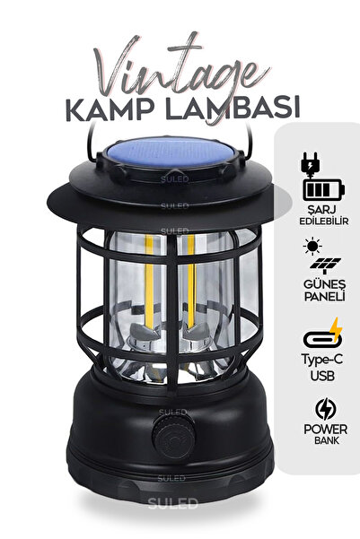 SULED Fanus Fener Vintage Kamp El Feneri USB Type-C Güneş Şarjlı 10W Güçlü Le...